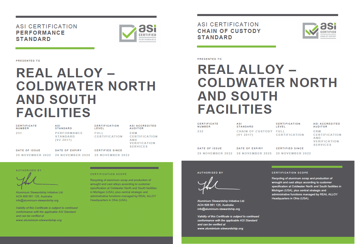 ASI certifies REAL ALLOY North America operations against Performance