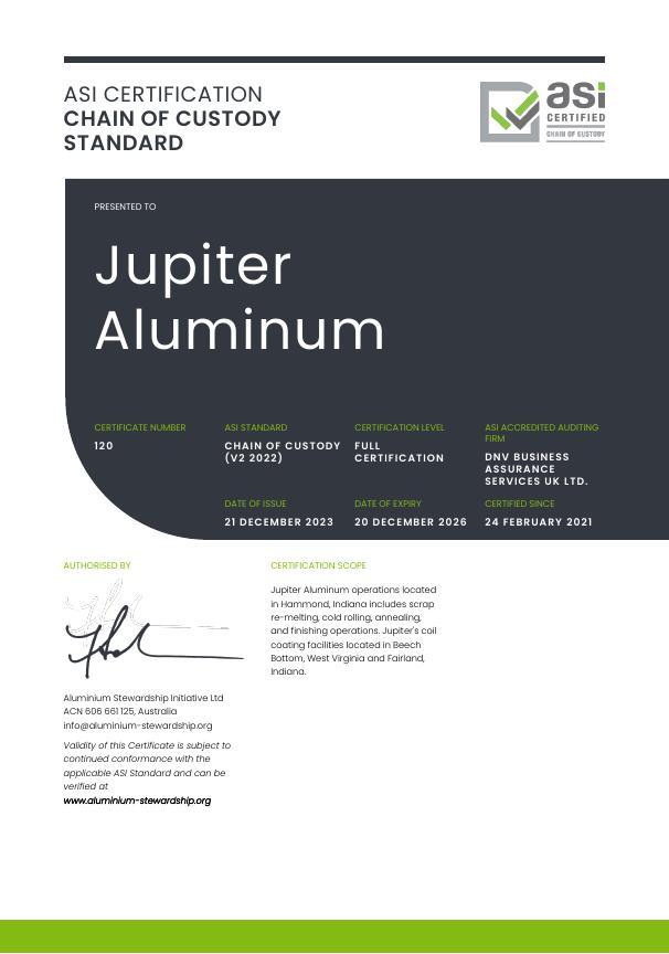 ASI recertifies Jupiter Aluminum against ASI Chain of Custody Standard