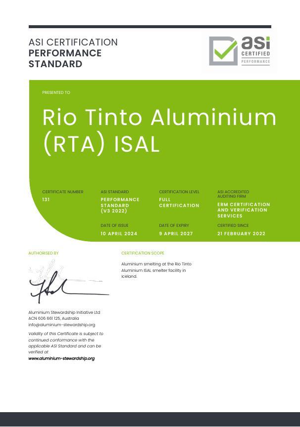 Asi Recertifies Rio Tinto Aluminium Against Asi Performance Standard V