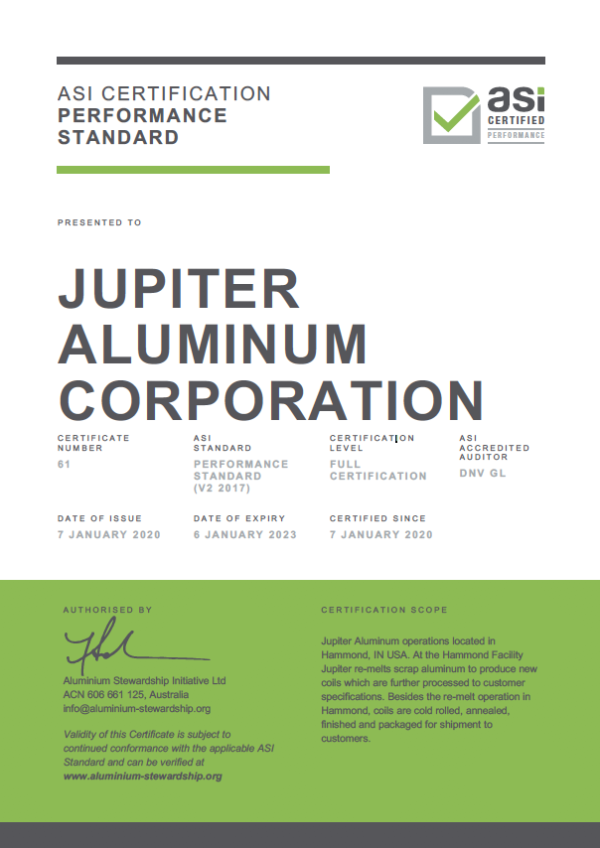 Aluminium Stewardship Initiative certifies Jupiter Aluminum Corporation