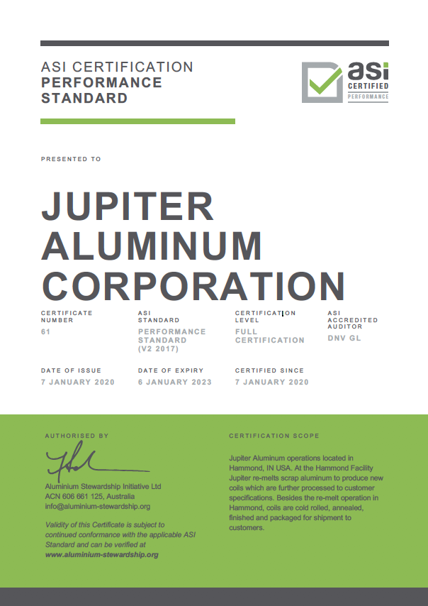 ASI Summary Audit Report Jupiter Aluminium performance standard