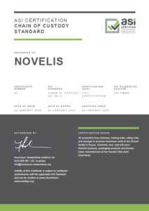 Novelis' ASI Chain of Custody Standard Certificate Number 64