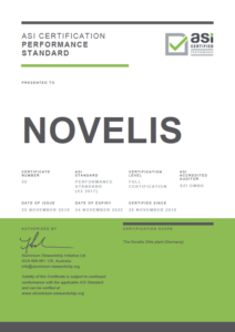 Novelis' ASI Performance Standard Certificate Number 50