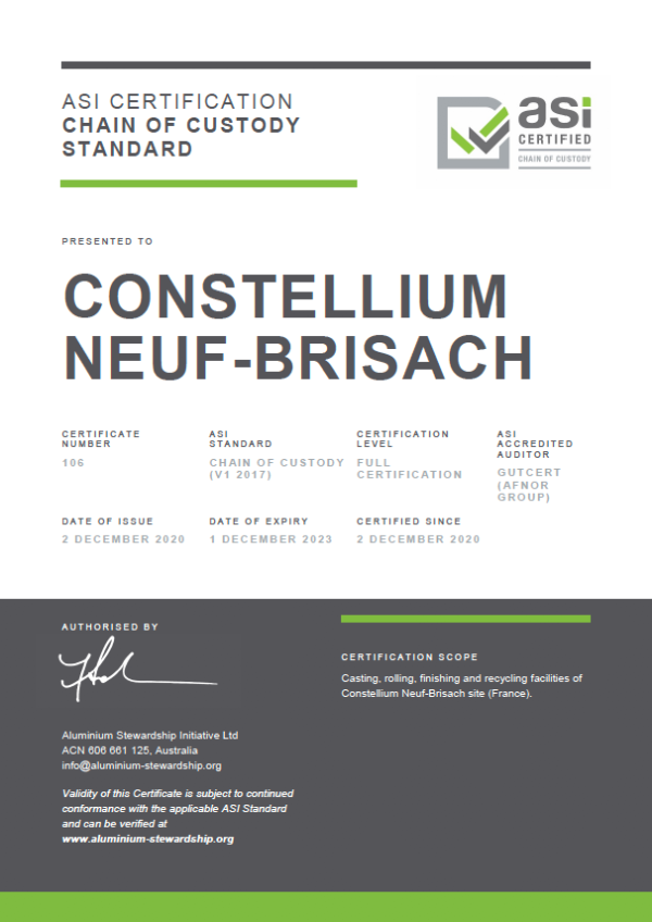 ASI Certifies Constellium Plant Against ASI Performance Standard And ...