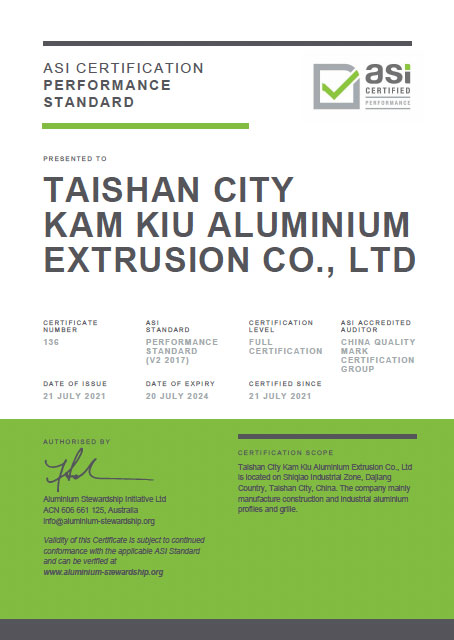 Kam Kiu Aluminium Products Group has achieved ASI Performance Standard certification